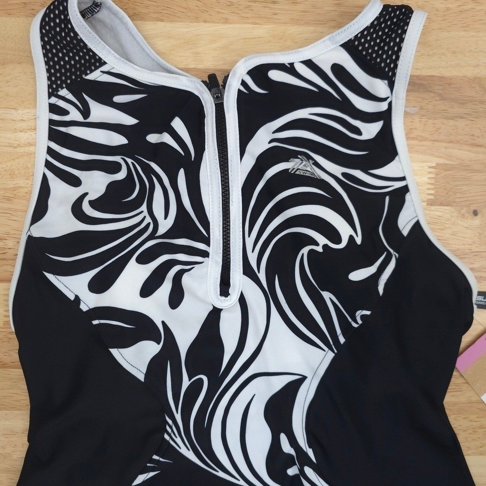Black White Tropical Tankini Sz S Zip Front Swim Top Boyshort Bottoms Coconut - Picture 4 of 8